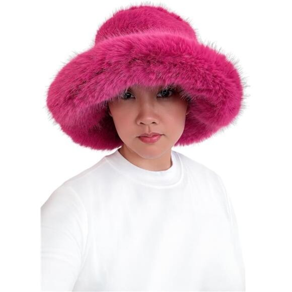 Oversized Winter Faux Fur Bucket Hat for Women Dark Pink - Picture 2 of 5